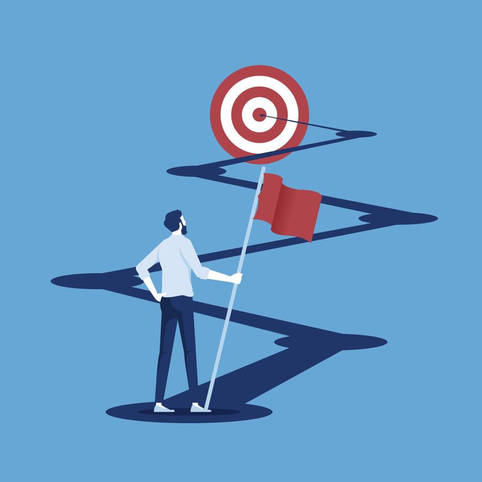 businessman with red flag on route to dartboard, business concept of route to goal vector