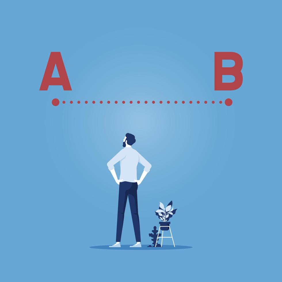 Businessman looking at a line between a to b on a wall, business solution searching challenge concept vector