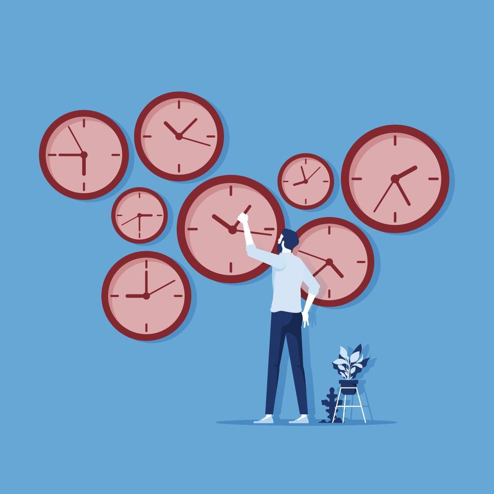 concepto de control de tiempo, organización del proceso, hombre de negocios parado en la pared con reloj ajusta el tiempo vector