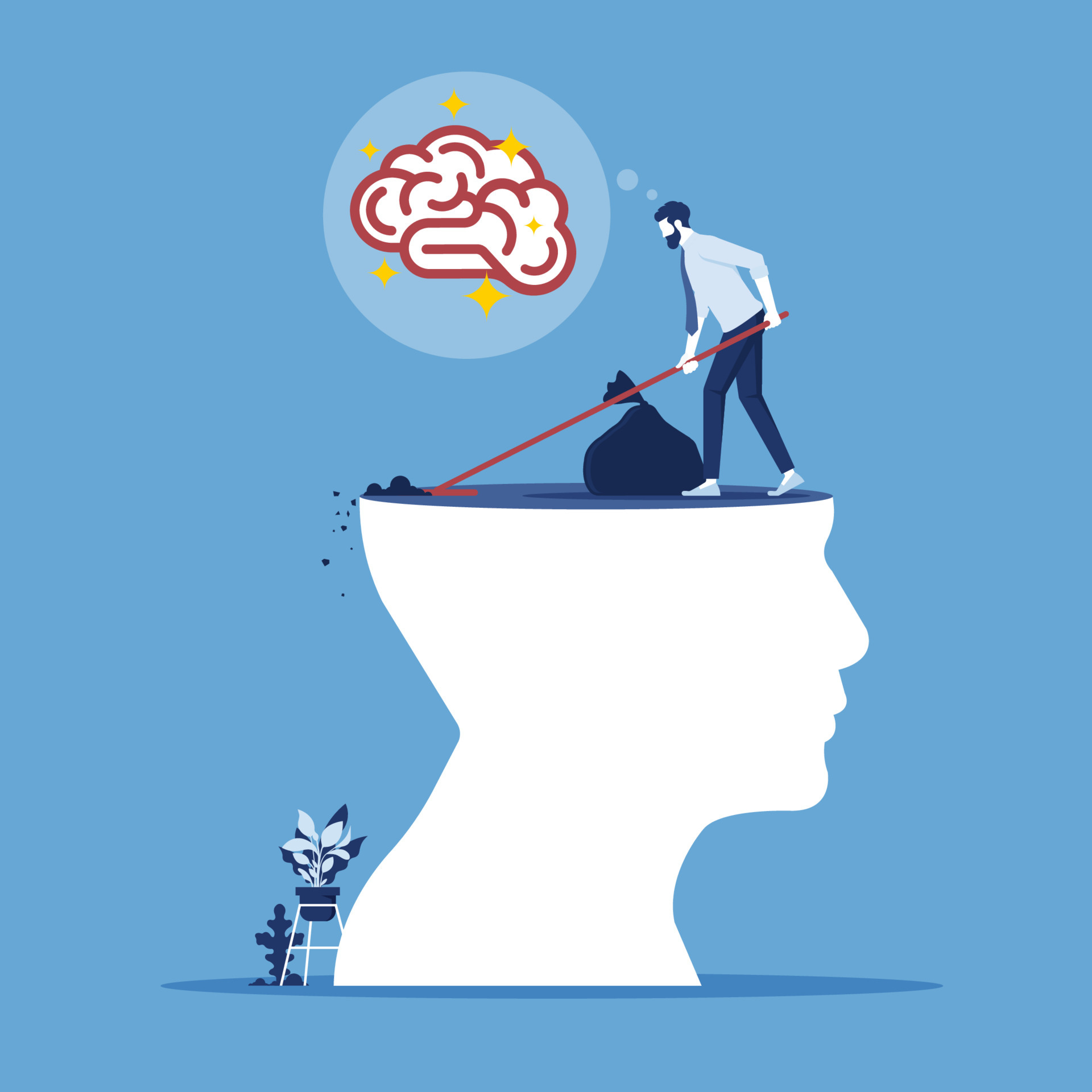 businessman cleaning brain. Psychotherapy metaphor, clean mind or fresh