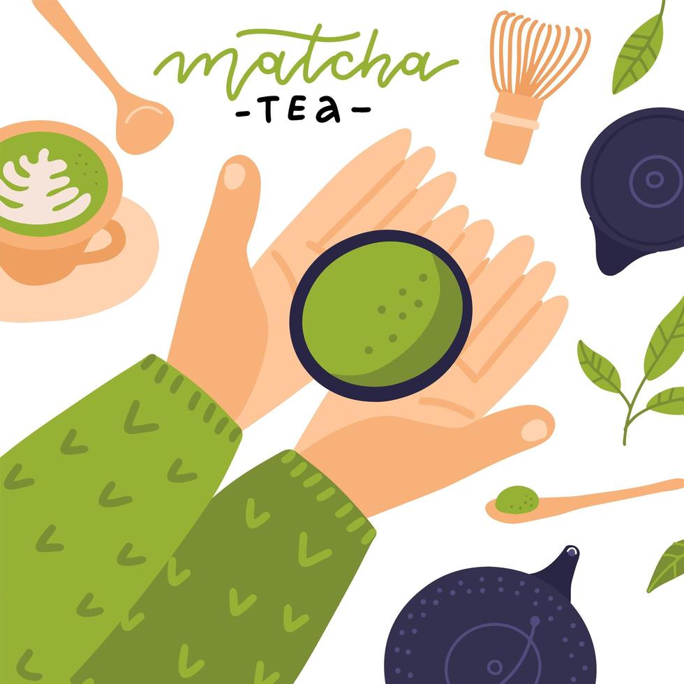Matcha green tea, wooden spoon and whisk, green tea leaf on white background. Two hands with cup. Top view, flat lay vector illustration.