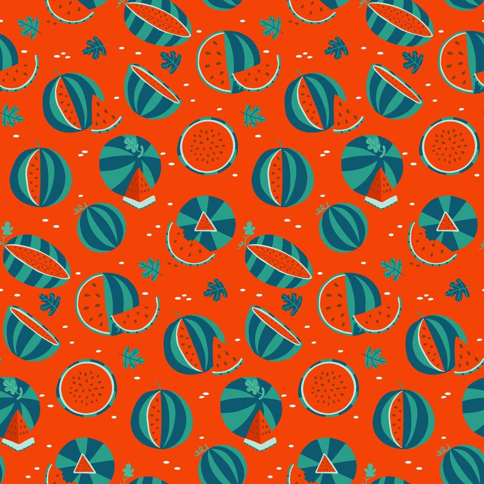 Juicy Watermelon Seamless Pattern on Red Background. Whole and sliced summer juicy fruit. Flat hand drawn vector illustration.