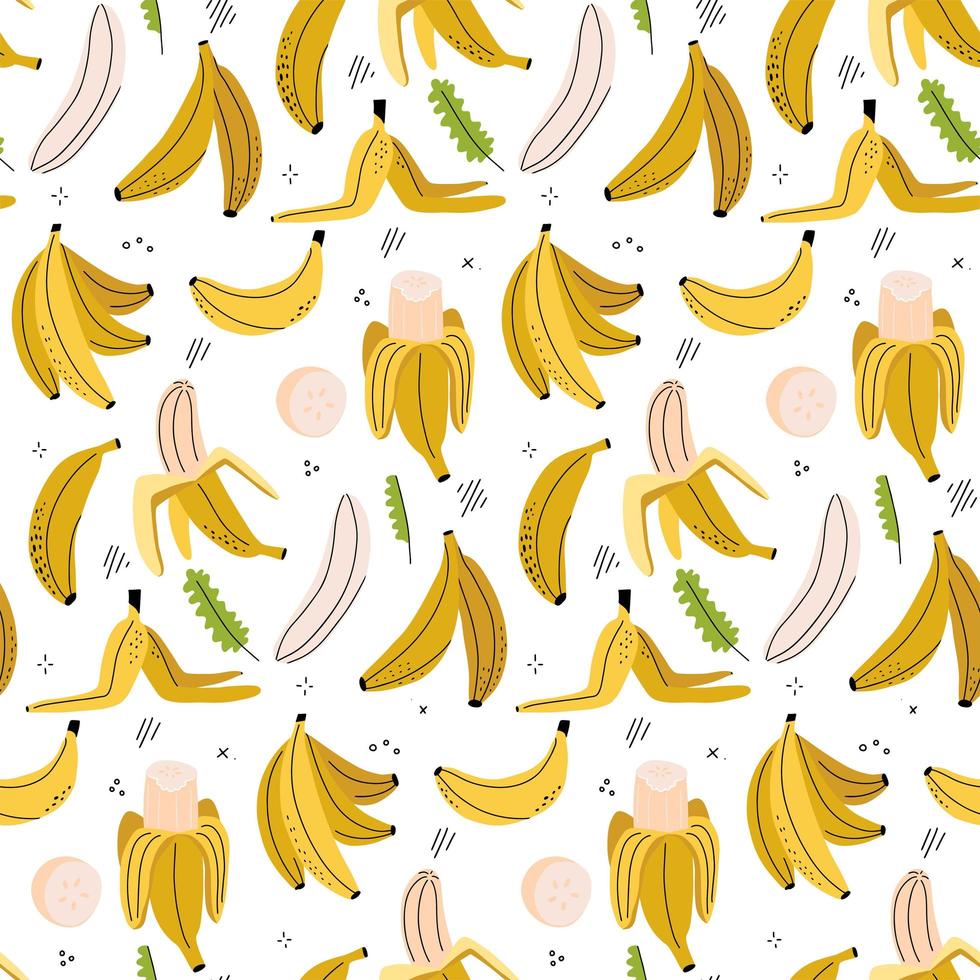 Linear hand drawn bananas seamless pattern. Tropical food vegetarian organic background with Exotic banana drawing. Yummy beach summer cover. Vitamin tasty different bananas. Vector illustration.