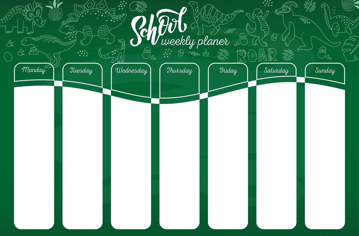 plantilla de vector de horario escolar. horario de lecciones semanales sobre fondo de pizarra verde con bocetos de línea de tiza de lindos dinosaurios. planificación semanal en estilo incompleto con garabatos dibujados a mano a bordo.