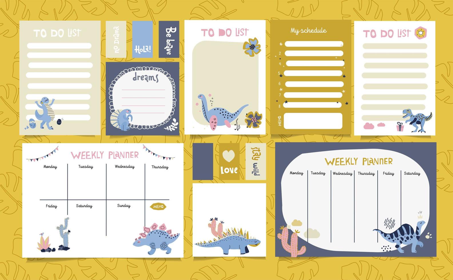 Set of planners with cute dinosaurs in Scandinavian style. Cute postcards, day planners, to-do list for print. Hand drawn doodle illustration of cute dino with cactus and trendy lettering. vector