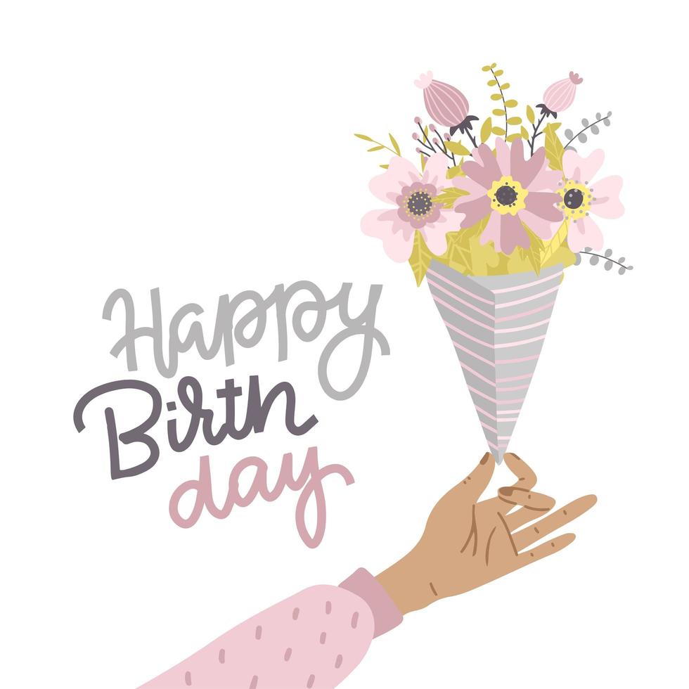 Cozy hand holding bouquet of yellow pink flowers. Bunch of abstract flowers wrapped in craft paper. Written lettering text Happy Birthday. Greeting cars for or mother s day, valentine s day,wedding vector