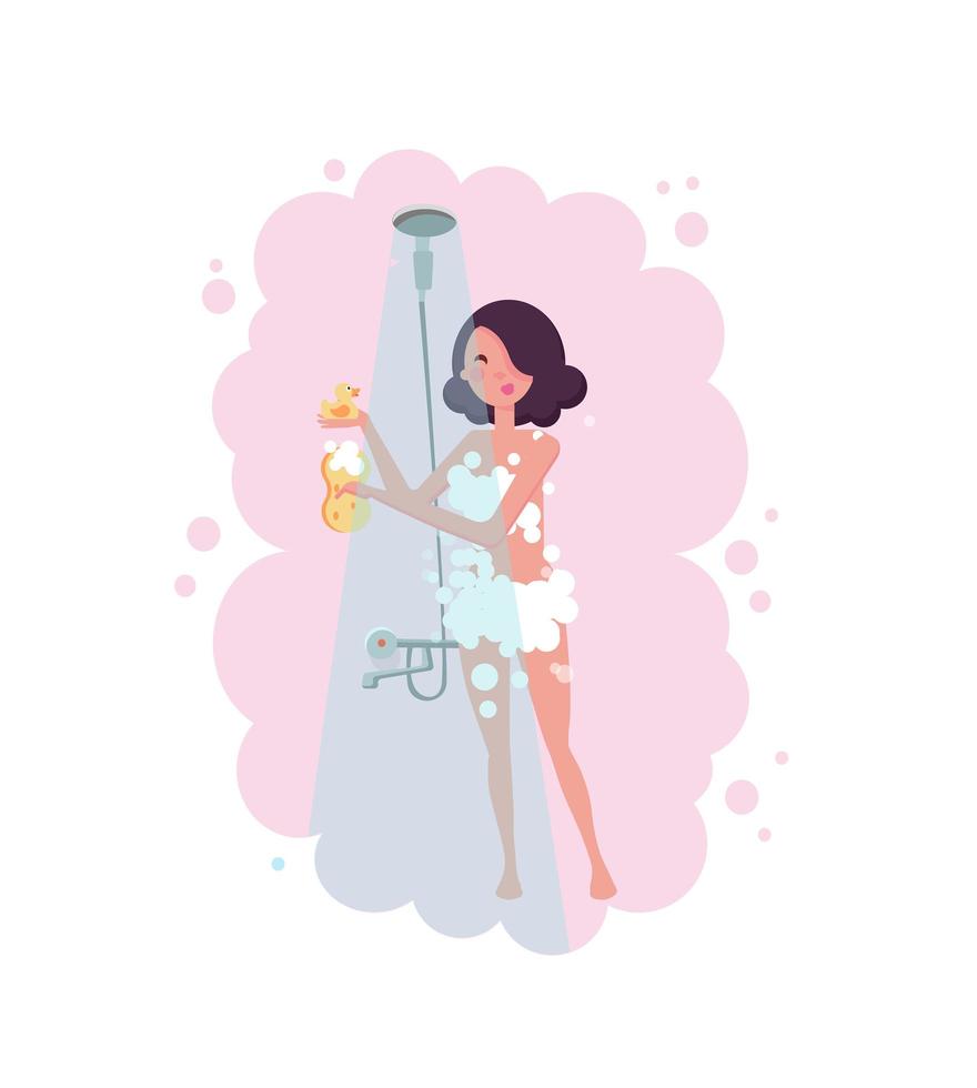 Full length portrait of brunette young beautiful woman taking a shower in the bathroom with sponge. Isolated pink water steam on white background. Flat cartoon vector illustration.