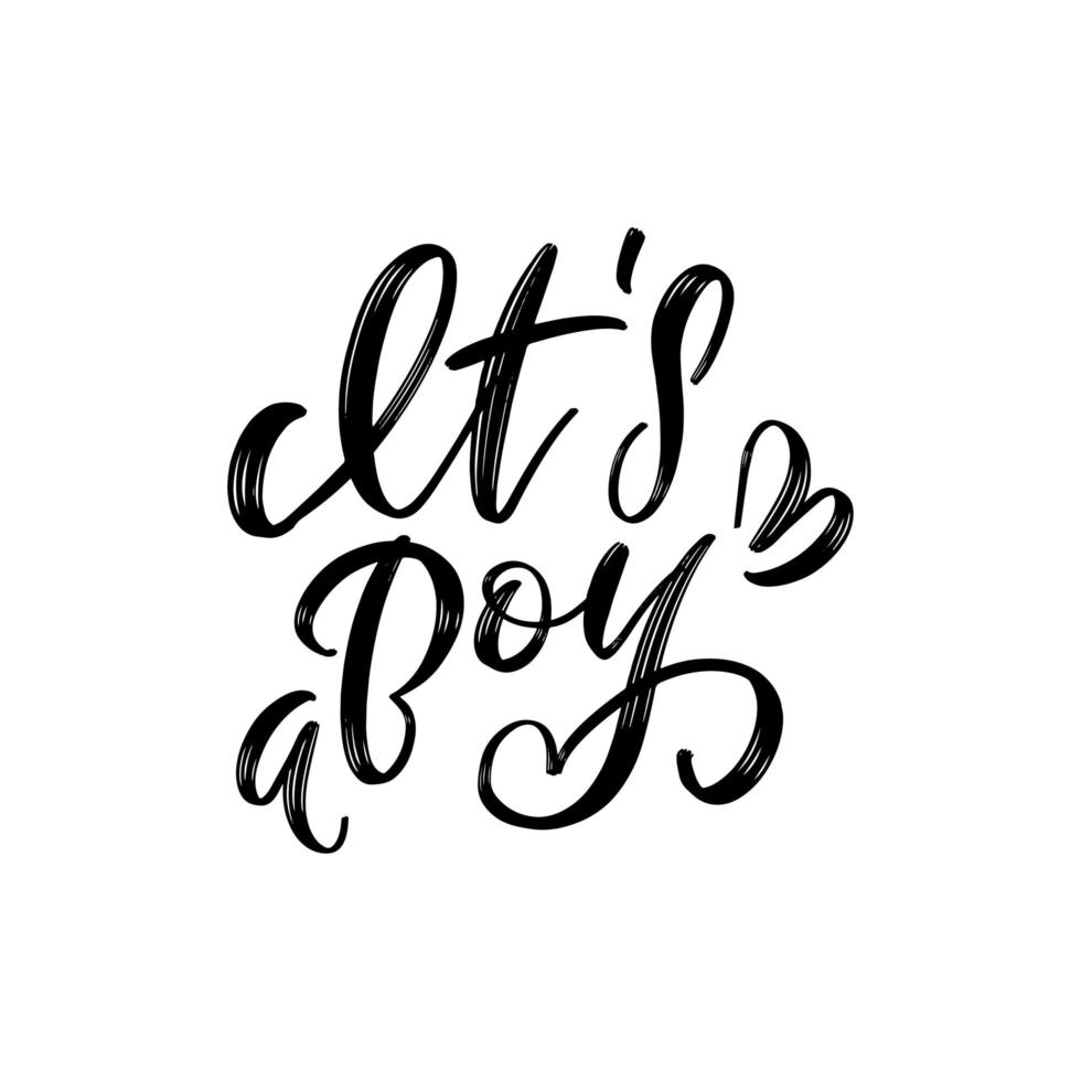 It's a Boy modern lettering phrase in wreath, hearts. Cute vector invitation for a wonderful event. Kids badge tag icon. Inspirational quote card invitation banner.