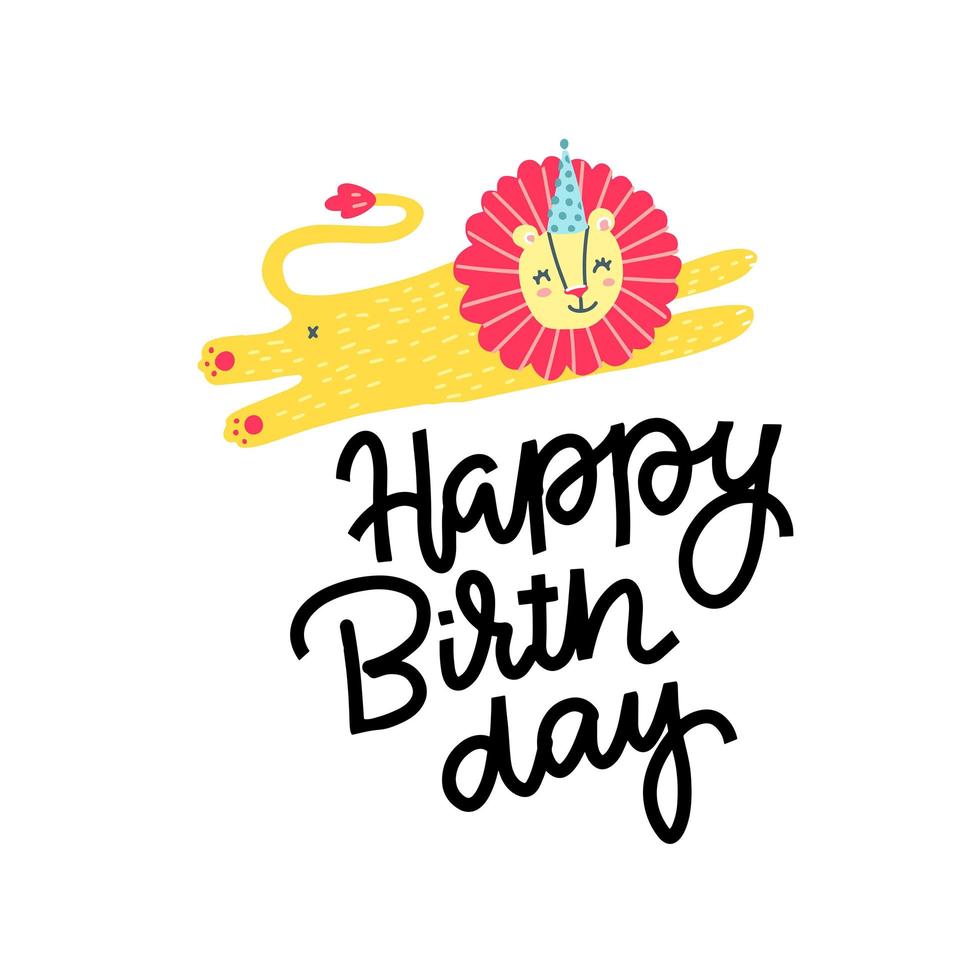 Happy Birthday greeting print. Cute postcard with funny jumping lion. Vector flat doodle childish illustration with hand drawn lettering