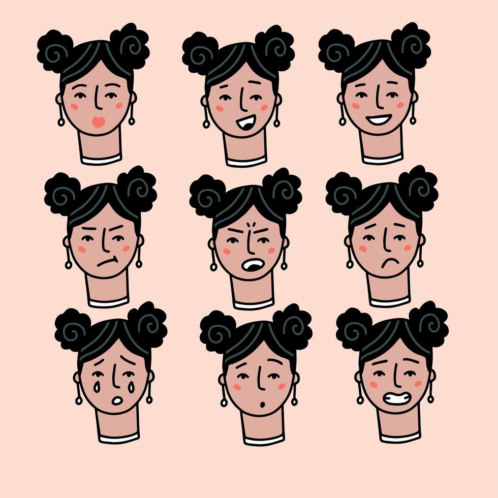 retrato de mujer adolescente con diferentes expresiones faciales aisladas en fondo beige. niña sonriente, sorprendida, feliz, sonriente, idea, amable, enojada, saludo emoción cara vector carácter.