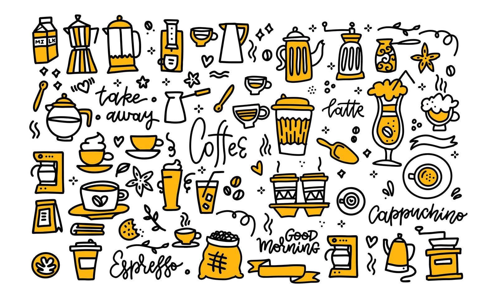 Coffee color black white doodle big set. Coffee to go, take away, coffee pots, cups and design elements with lettering. vector
