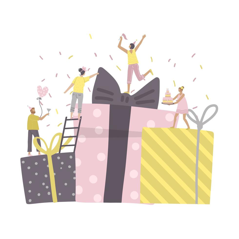 gente pequeña feliz bailando en un montón de grandes cajas de regalo. concepto de fiesta de cumpleaños o aniversario. ilustración vectorial dibujada a mano plana. vector