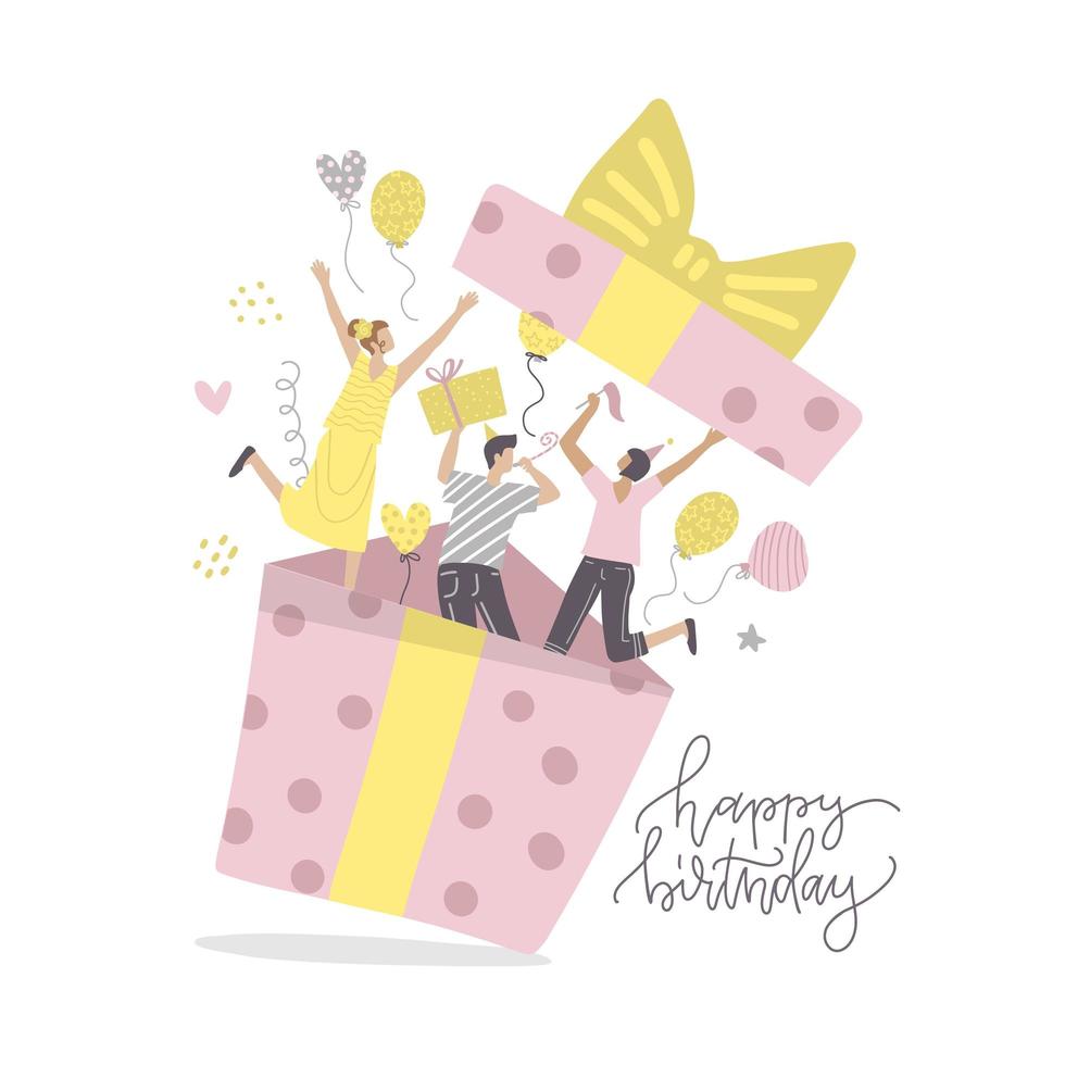 Happy friends making surprise for birthday party. People jumping out of gift box. Smiling characters waving by hands. Celebration, joy and fun concept. Flat vector hand drawn illustration