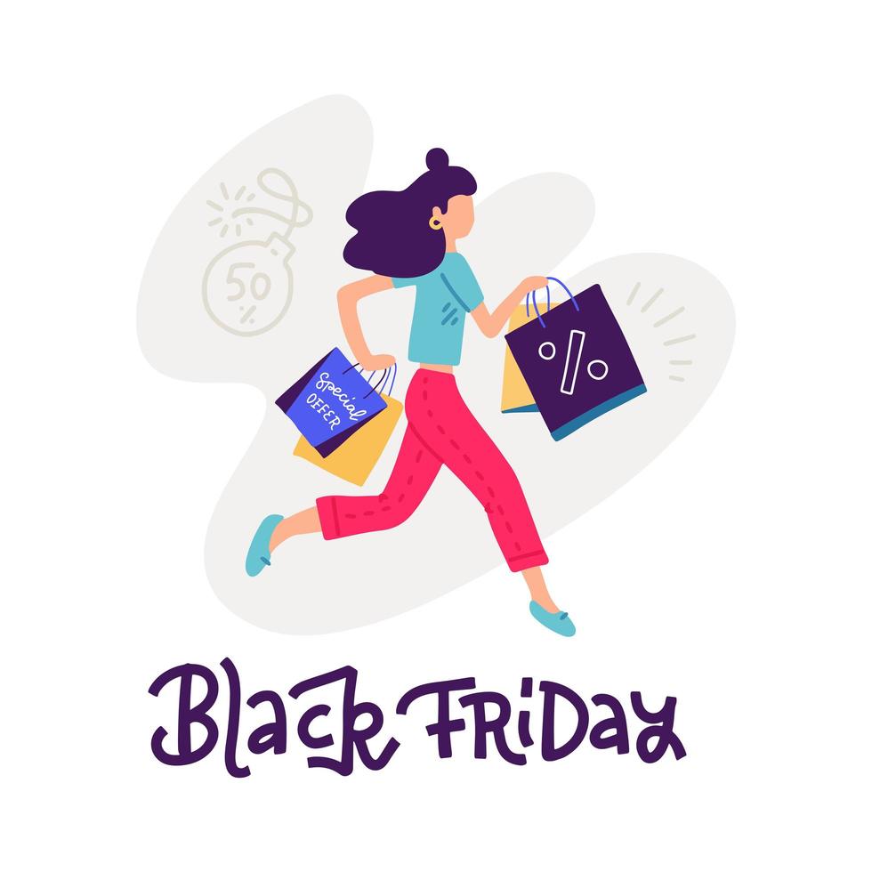 Young woman carrying shopping bags with purchases. Girl taking part in seasonal Black fridaysale at store, shop, mall. Cartoon character isolated on white background, flat vector illustration.