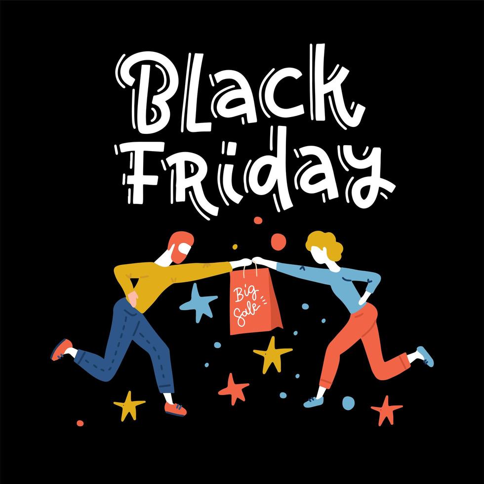 Special Offer Black Friday Sale square banner, poster or flyer template with shoppers trying to take from each other last goods in gab left in store. Flat vector illustration with letteting