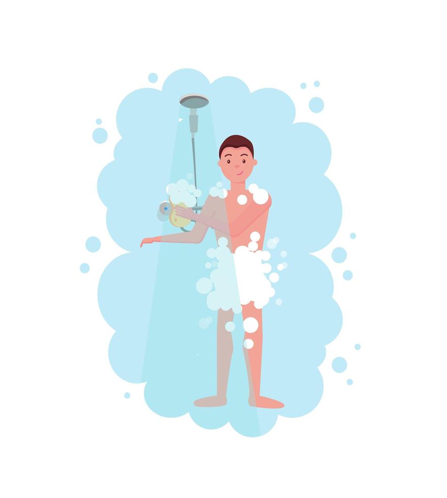 Man taking a shower in a cloud of blue steam. Isolated art on white background. Flat cartoon vector illustration. Guy with a soapy sponge in his hands. Flat cartoon vector illustration.