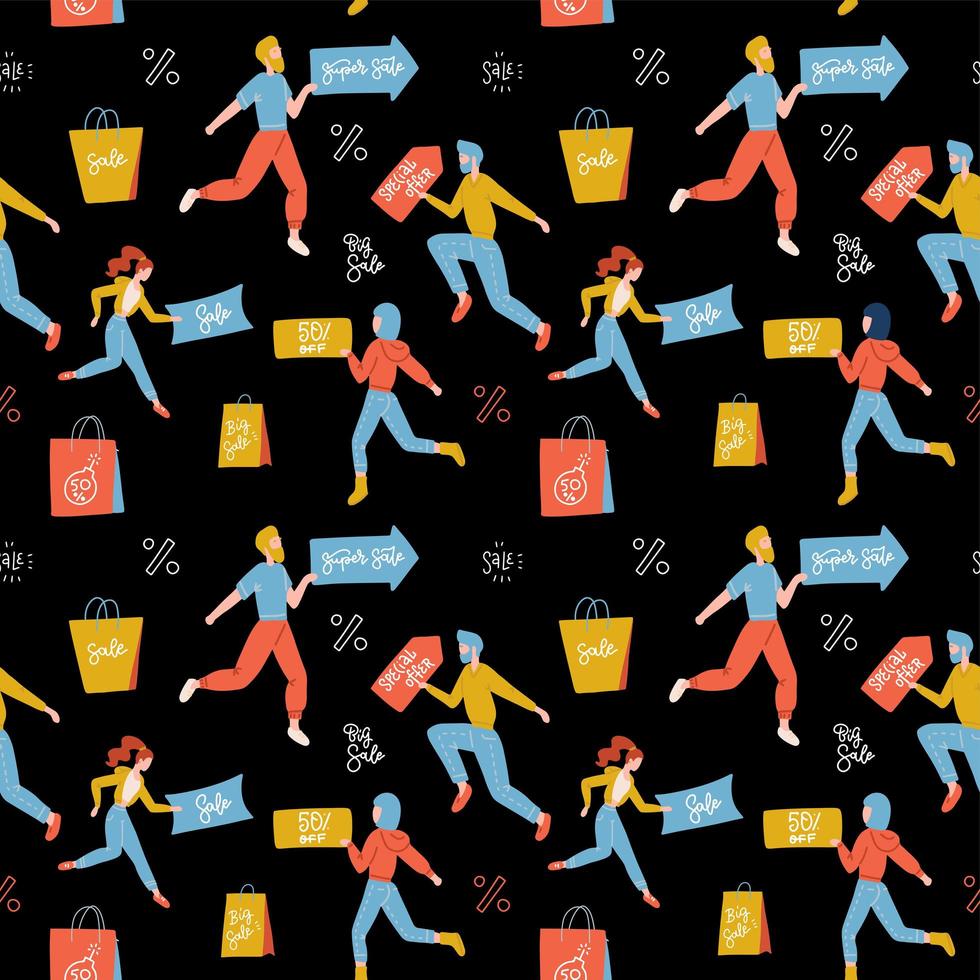 Seamless pattern with isolated people on shopping. Hand drawn graphics. Communication, fitting, shopaholism. Vector flat illustration on black background.