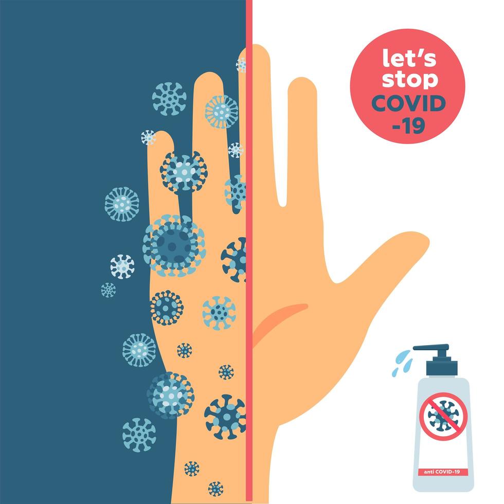 KEEP YOUR HANDS CLEAN and clean and dirty hand concept. One half is dirty hand fully with coronavirus germs and one is very clean. Banner about hygiene. Novel disease COVID-19, 2019-nCoV, MERS-Cov vector