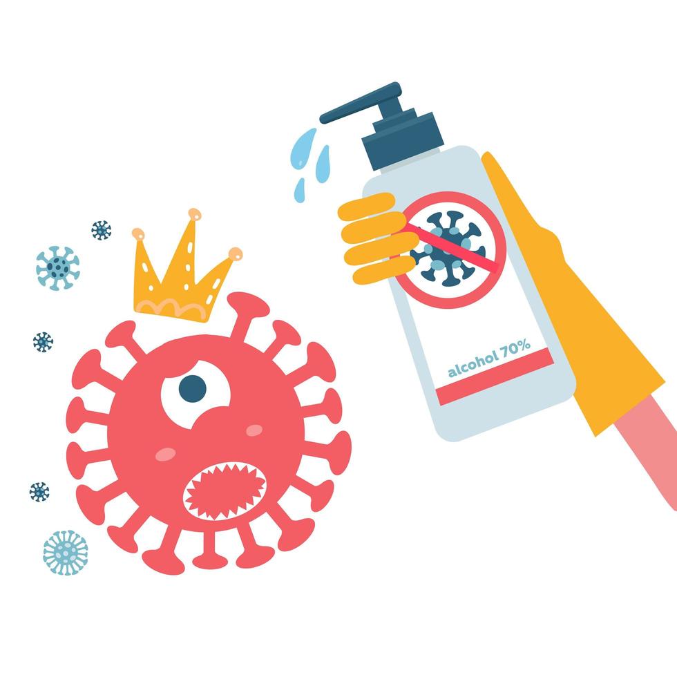 Disinfection coronavirus. Stop 2019-nCoV. Hand in glove kills a virus bacterium character with sanitizer bottle. Disinfectant solution. Vector childish cartoon illustration . Prevention epidemic.