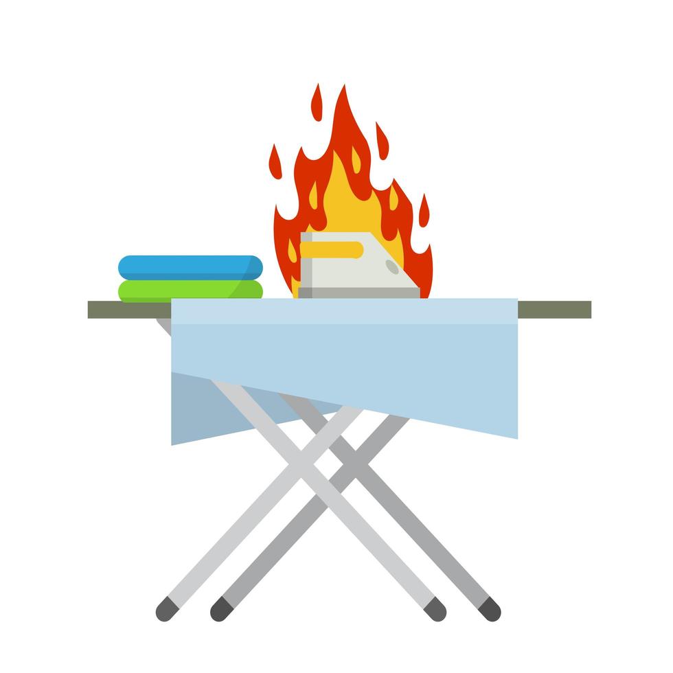 Forgotten iron on the Ironing Board. Folded sheets. Broken appliances. vector