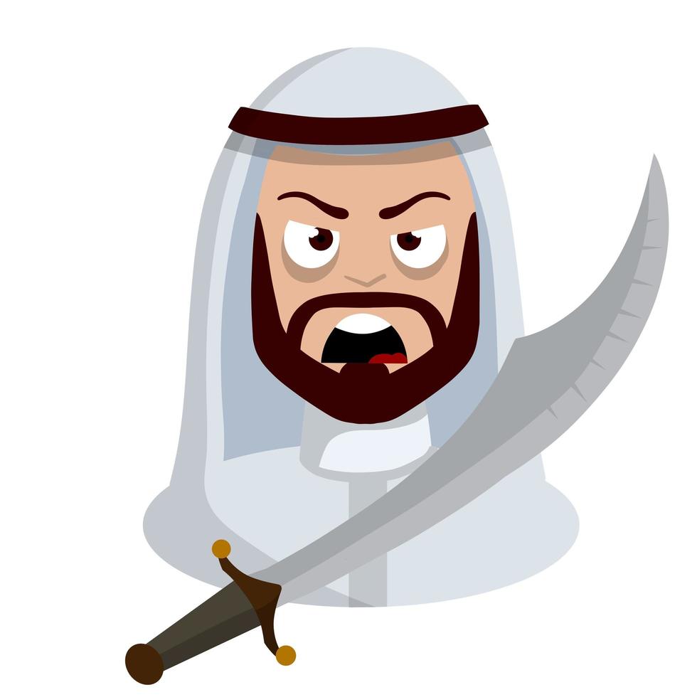 Angry Arab with sword. Middle Eastern medieval warrior. vector