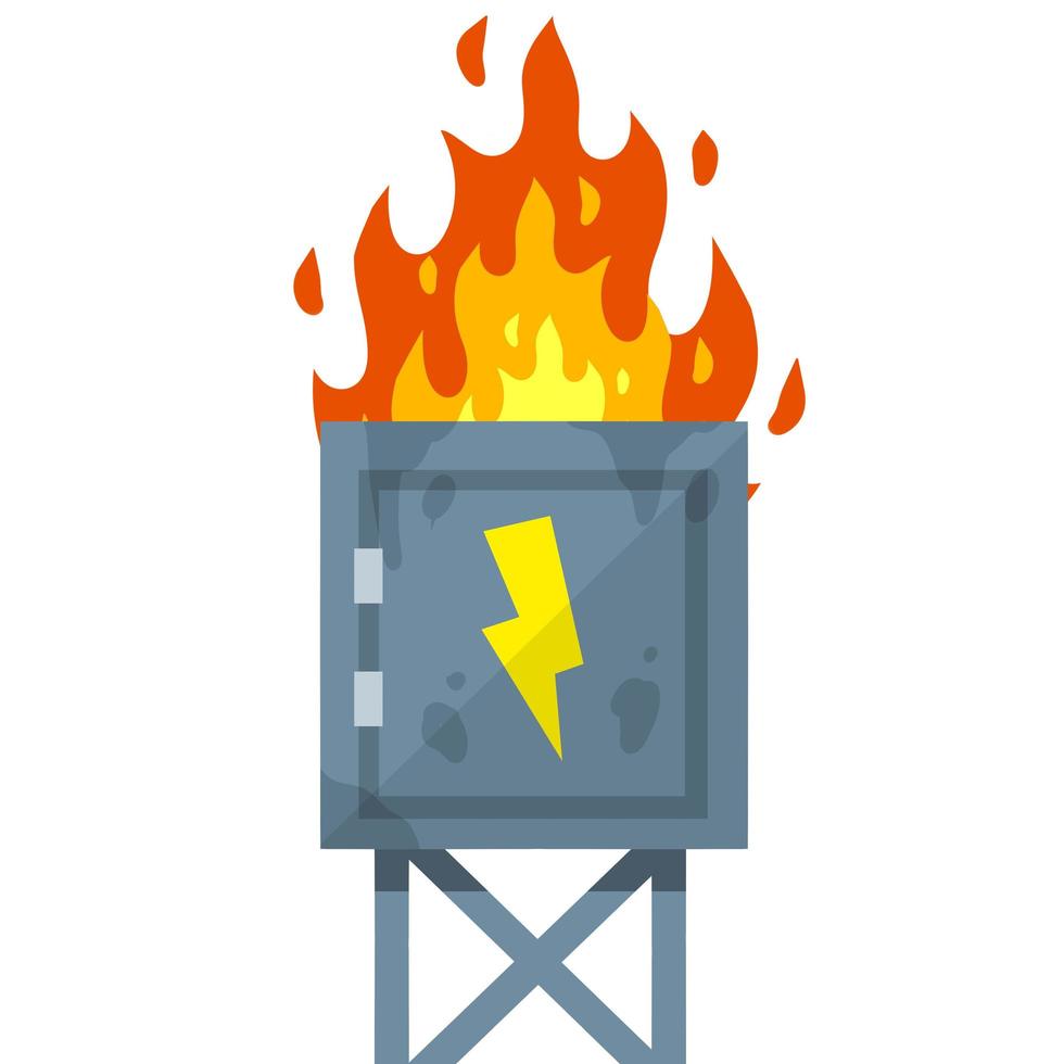 Damaged Switchboard. Cartoon flat illustration. Fuse and electrical engineering. Danger situation - fire. High voltage sensor. Electrical wires in box. Technical industrial appliance vector