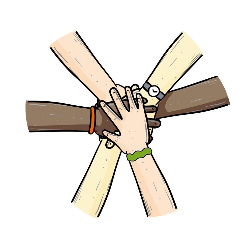 Stack of hands. Children palms. Concept of team vector