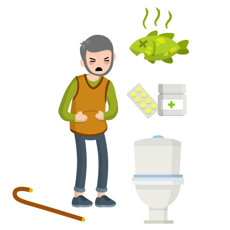 Diarrhea, upset stomach. Toilet bowl, medicine and pills, rotten fish and food. Set of indigestion Icons. Medical assistance in case of poisoning. Old Man holding belly. Poor nutrition. Health problem vector
