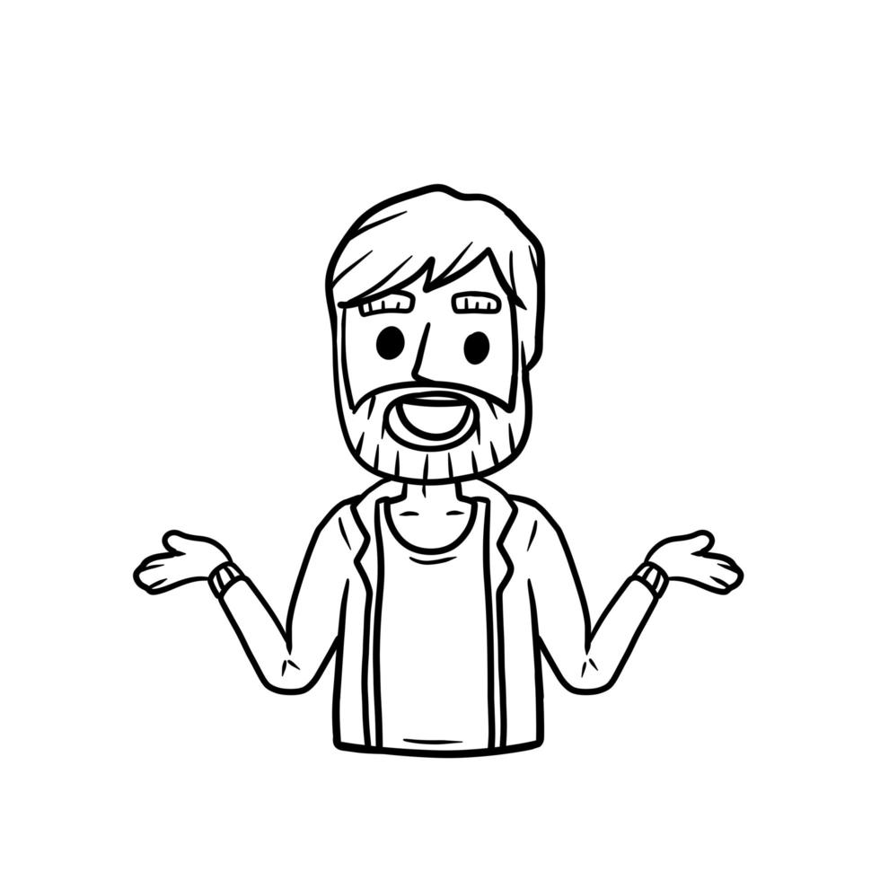 Man with Spread hands. Smiling young bearded man in shirt. Doubt and timidity. Hand drawn sketch cartoon. Uncertainty and shrugging. Funny illustration vector