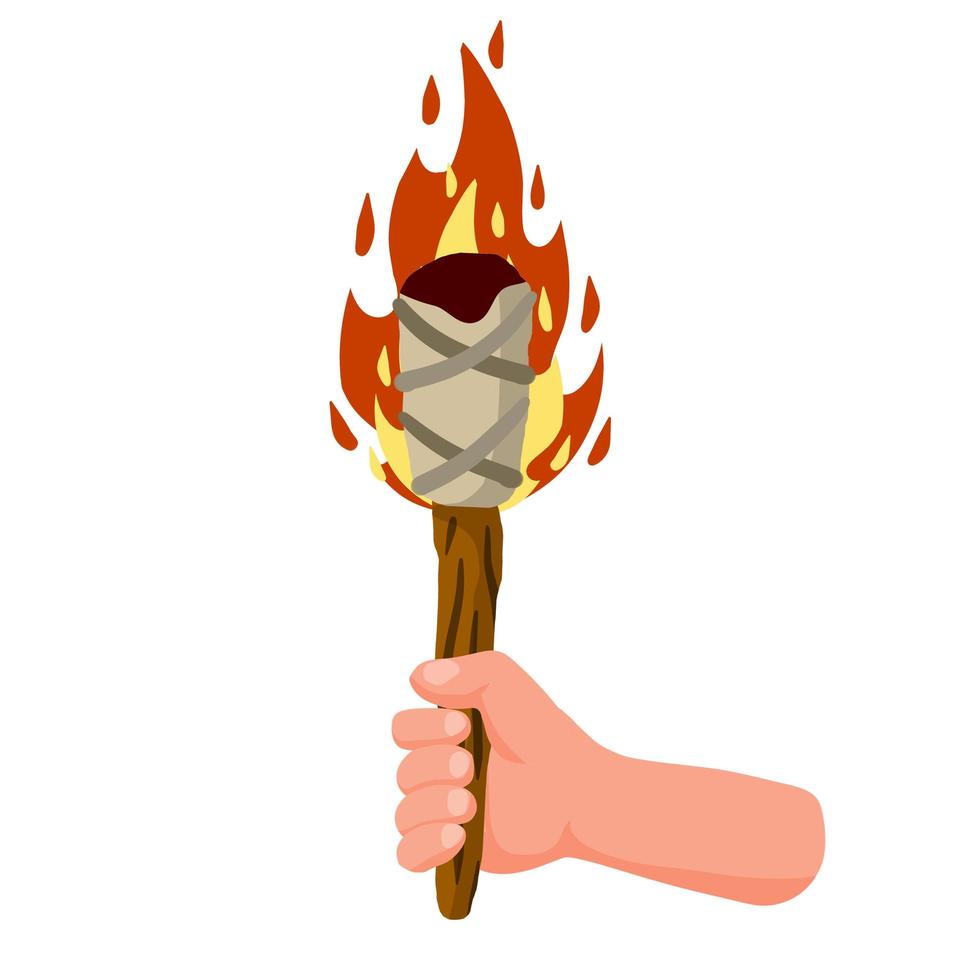 Hands holding torch. Primal fire. Flame on stick. vector