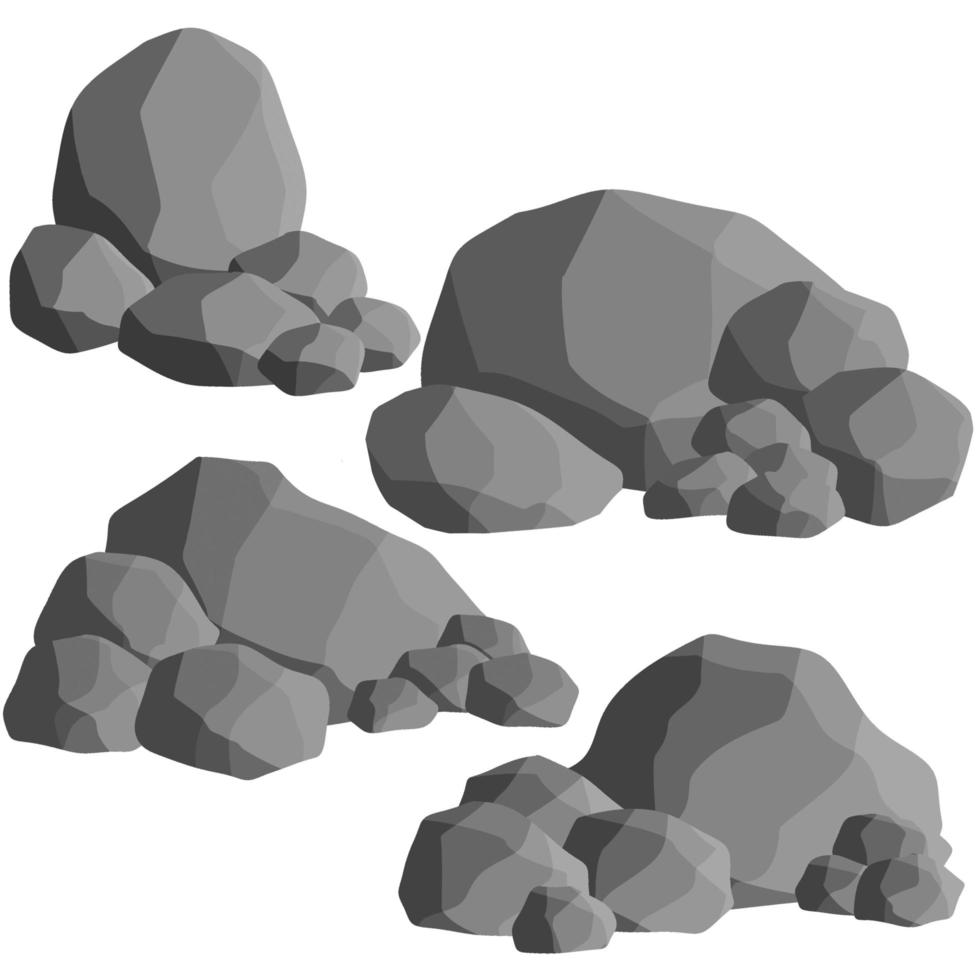 Set of gray granite stones of different shapes. Minerals, boulder and cobble vector