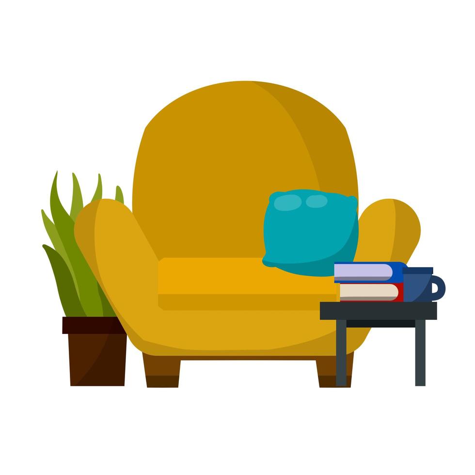 silla, mesa con libro. muebles en habitación acogedora. vector