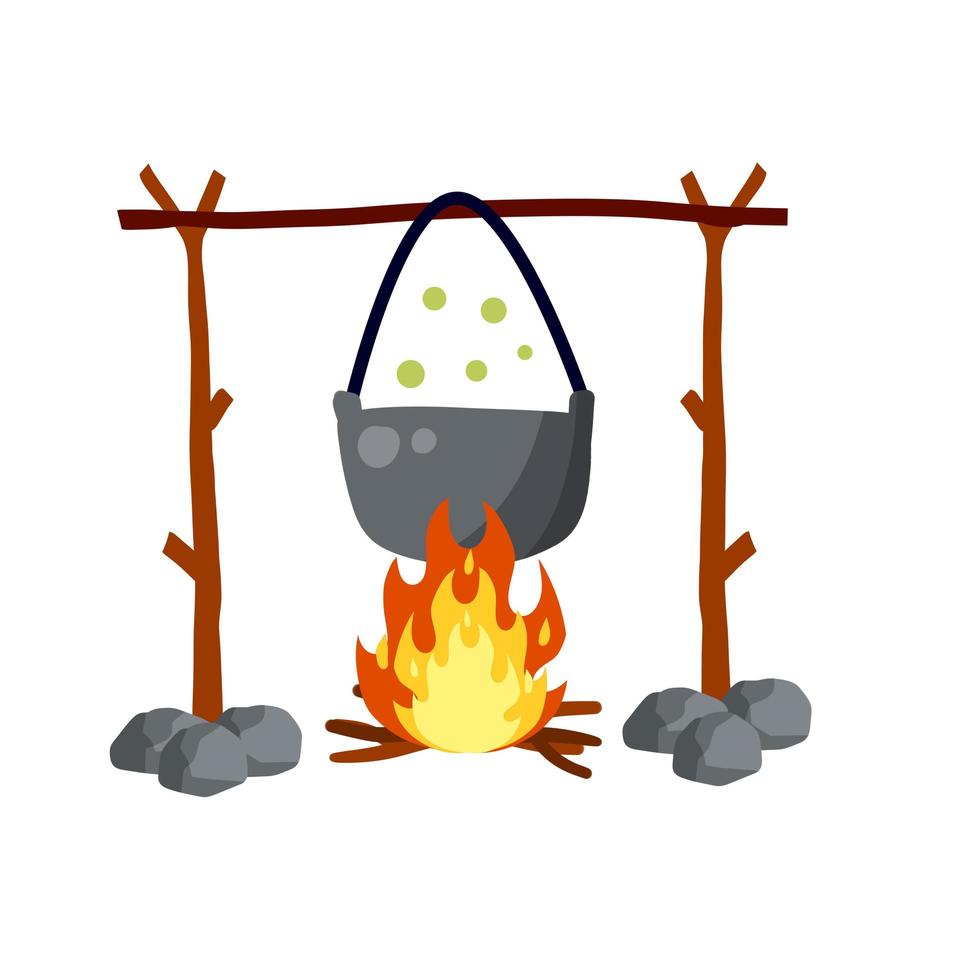 Cooking on fire in pot. cauldron and campfire. Hot red and orange flames vector