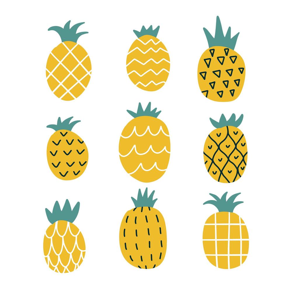 conjunto de piñas estilizadas de varias texturas aisladas en fondo blanco. paquete de frutas tropicales frescas y jugosas. ilustración de vector plano dibujada a mano de color en estilo de fideos de moda para la impresión de camisetas.