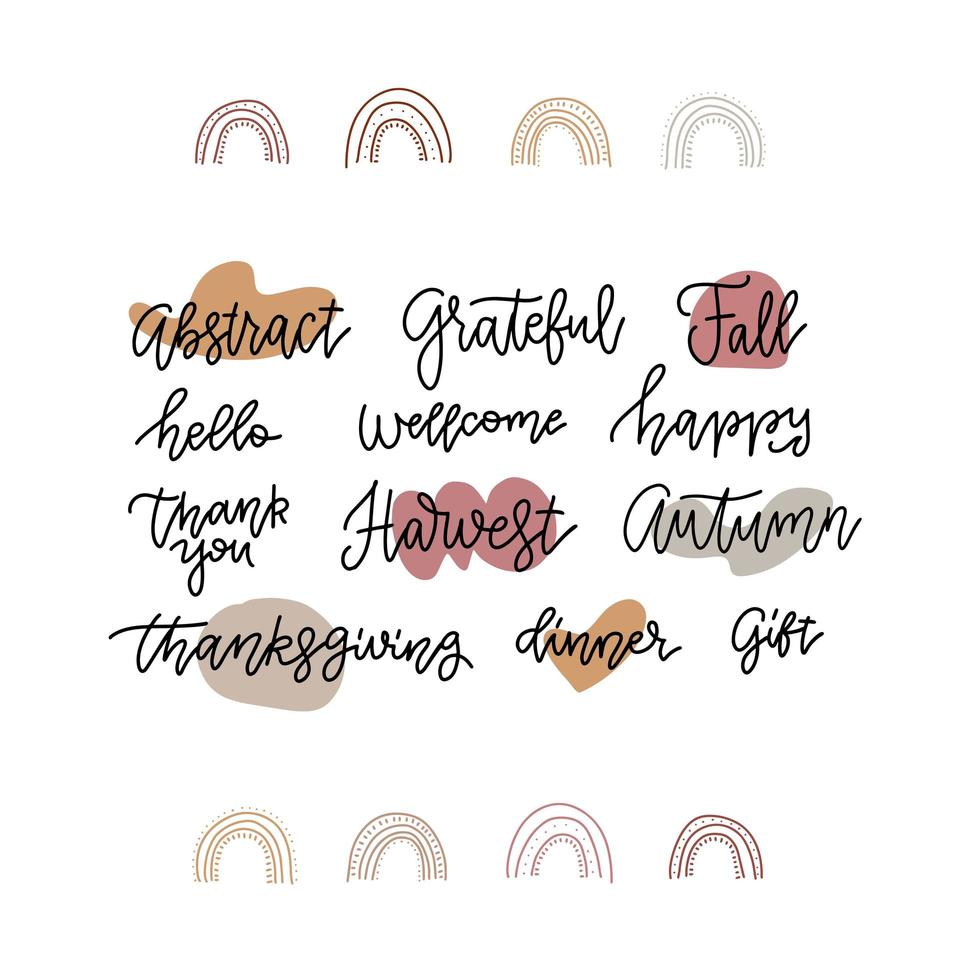 Fall calligraphy set. Big collection of autumn quotes isolated on white background. Thank you, thanksgiving, grateful, hello autumn, Fall. Vector linear lettering illustration with doodle arc decor.