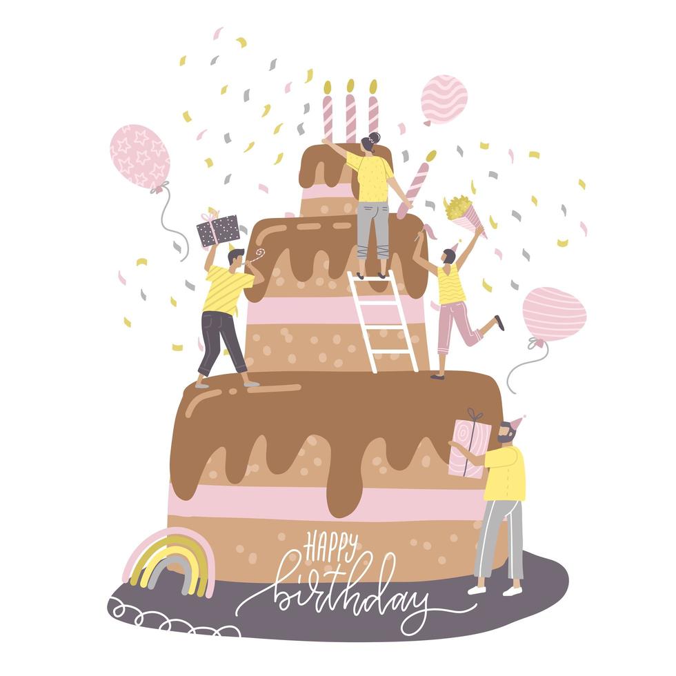 Happy birthday party concept with cheerful people, male and female friends standing on a big tiered cake with a candle and celebrating. Tiny characters having fun. Flat design style illustration. vector