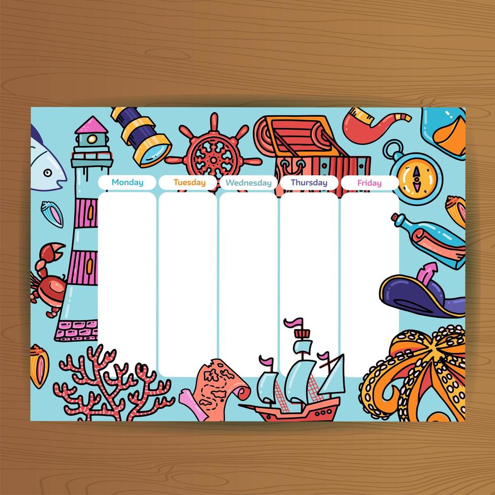 School schedule with underwater world inhabitants and adventure pirate equipment. Timetable Lesson plans all week. Maritime background - lighthouse, chest, treasure hand drawn doodle flat illustration vector