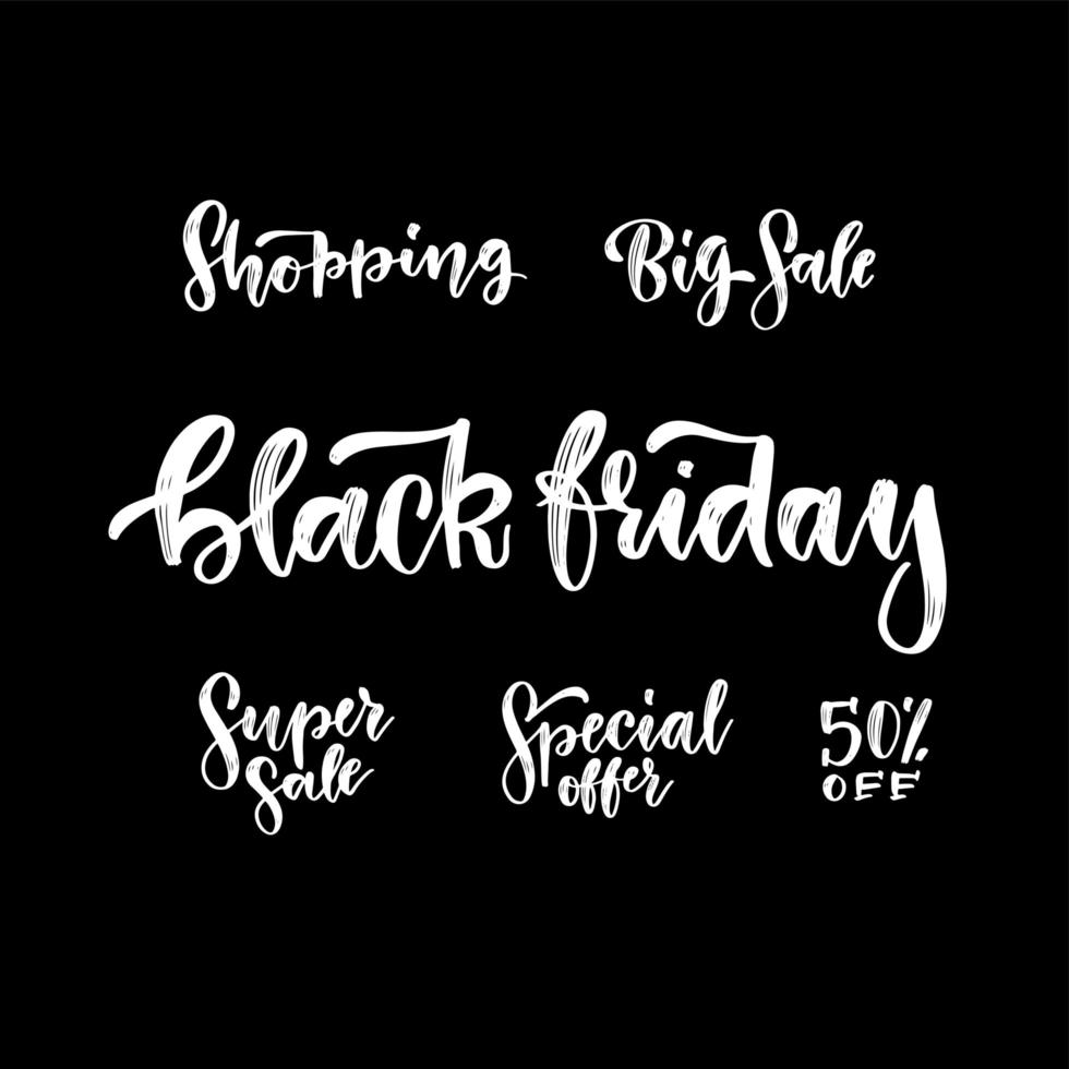 A set of beautiful hand drawn black friday sale ink lettering on dark background. Advertising poster template. Textured chalkboard inscription. vector