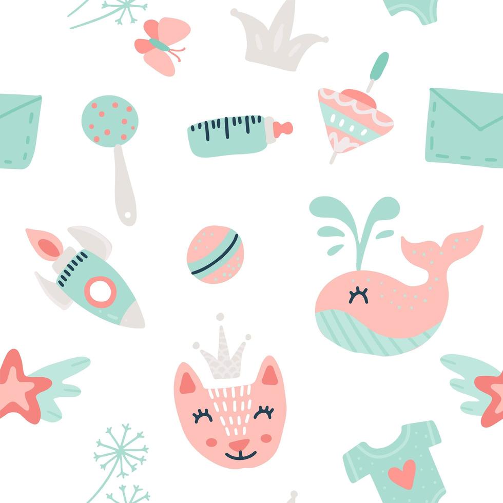 Baby goods seamless pattern with toys and other goods for baby shower, textile, scrapbook, background. Flat hand drawn doodle illustration. vector