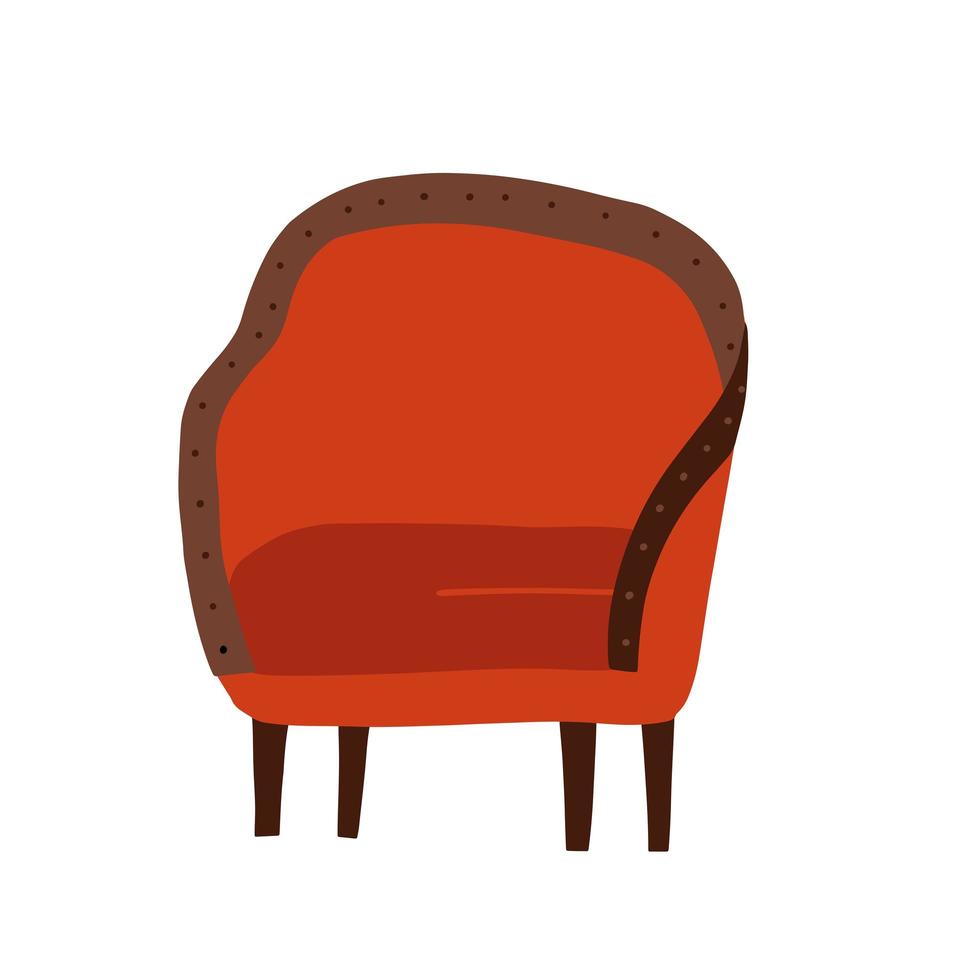 Retro armchair with wooden legs and soft red covering. Isolated vintage furniture for home, old fashioned cozy stool. Chair with handles, antiquitylook. Vector flat hand drawn illustration.