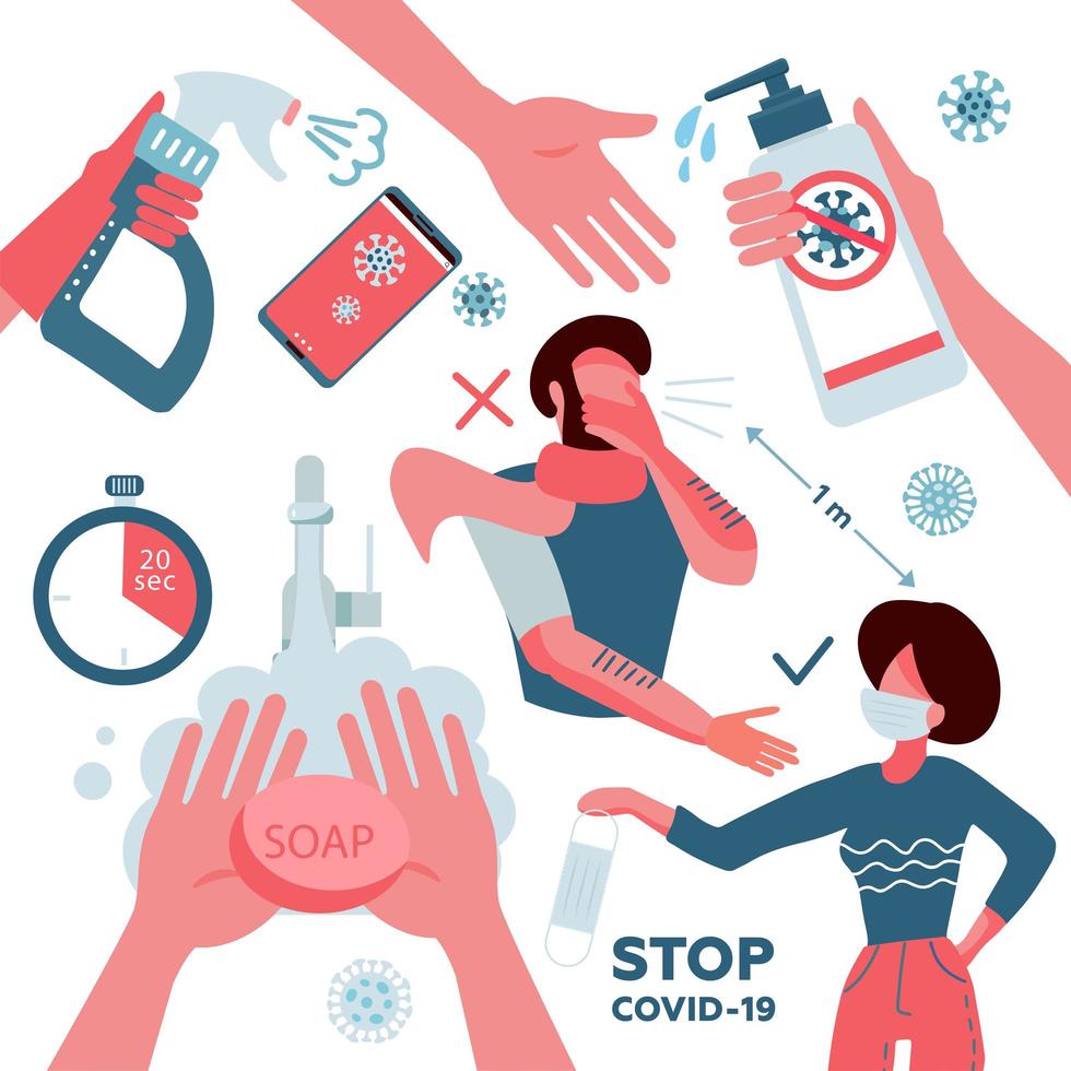 2019-nCoV covid-19 virus protection elements set. Coronovirus alert. Hand washing, phone disinfection, distance, mask. Prevention infographics. Collection of vector illustration in cartoon flat style.