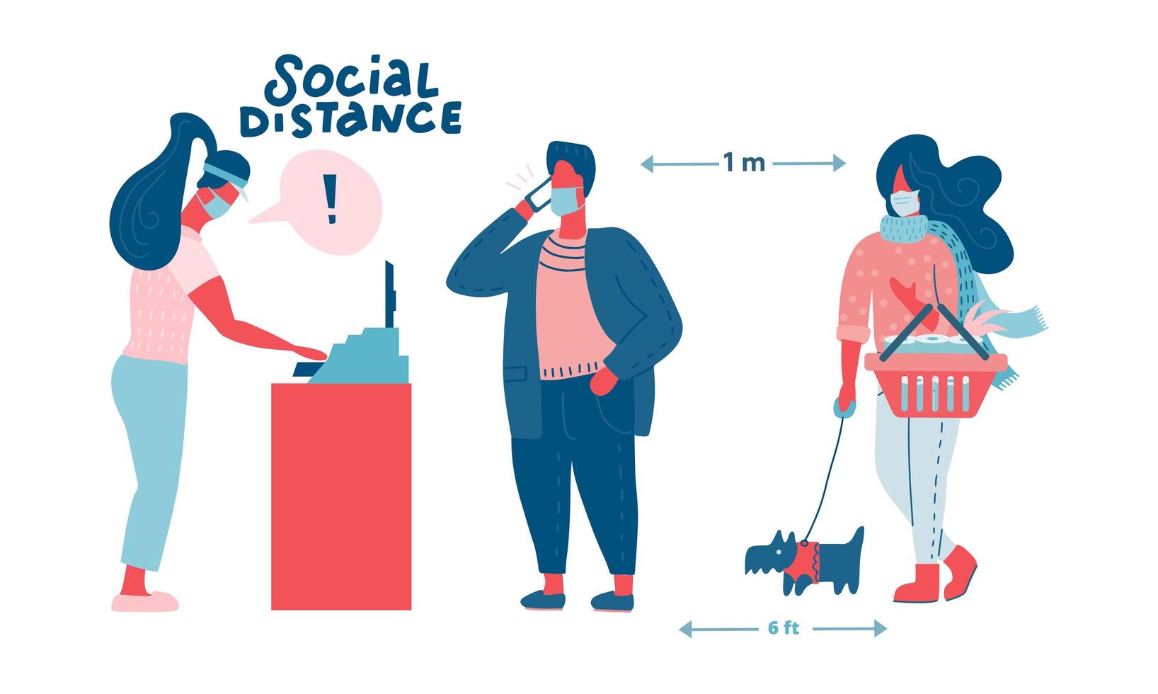People in medical masks doing shopping in supermarket. Quarantine coronavirus 2019-nCoV in the store. Epidemic Precautions. Cashier riles for social distance. Flat colourful vector illustration
