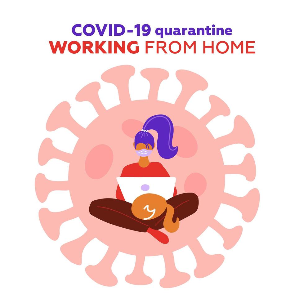 Woman sitting on floor with legs crossed. Concept in shape of coronavirus COVID-19. Quarantine work from home to avoid viruses. Girl in medical mask with a laptop. Flat character vector illustration