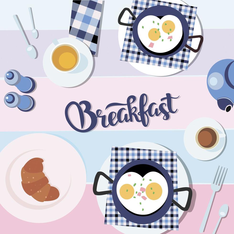 huevos revueltos, croissant con taza de té flatlay de comida saludable. ilustración de vector de diseño plano de fondo de plato blanco de la mañana del día de san valentín