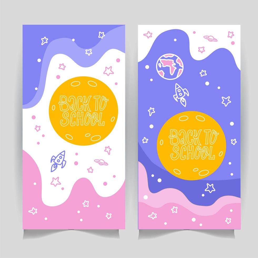 Set of Hand drawn back to school banner. Cute rocket, moon, earth and stars on wave background, invitation cards for cosmic style back to school party, sketch doodle outlined style vector illustration