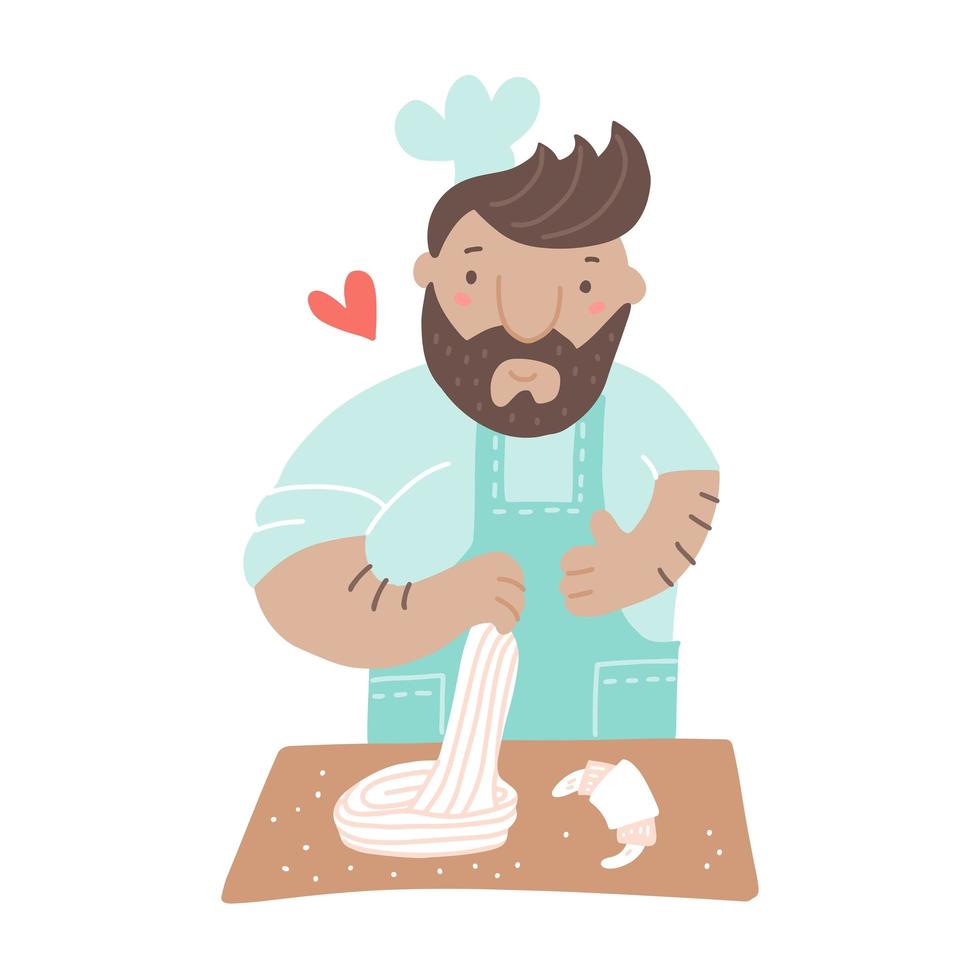 personaje panadero masculino amasando masa en la mesa con productos. cocinero con uniforme, gorro de chef y delantal en el trabajo. concepto de personaje de panadería. ilustración vectorial plana. vector