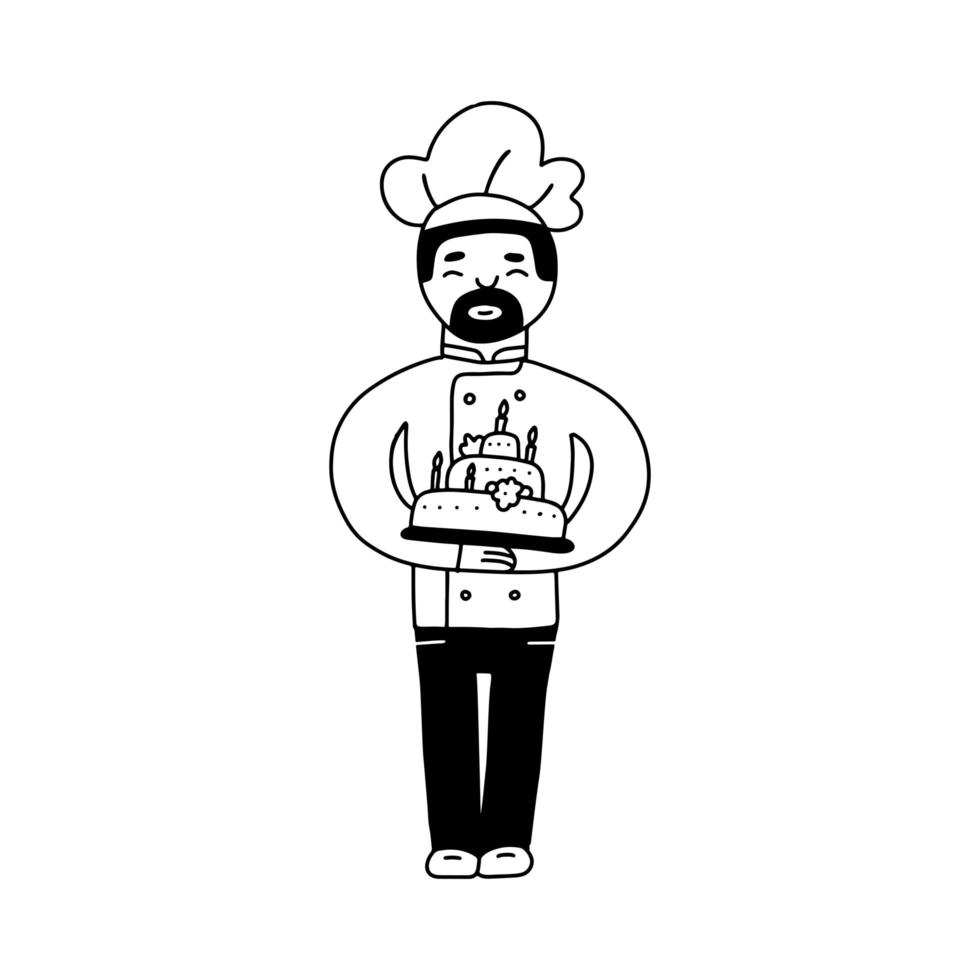 Bakery male character. Hand drawn doodle line vector illustration of chef-cooker with a mustache and beard with cake in hands. Chef cake logo.