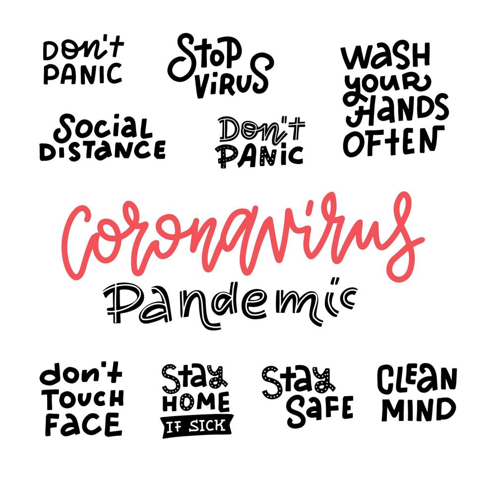 CoronaVirus lettering set. Vector flat illustration in doodle style. Clean hands. Stay home. Stop virus. Don't panic. Social distance. Wash your hands often. Stay safe