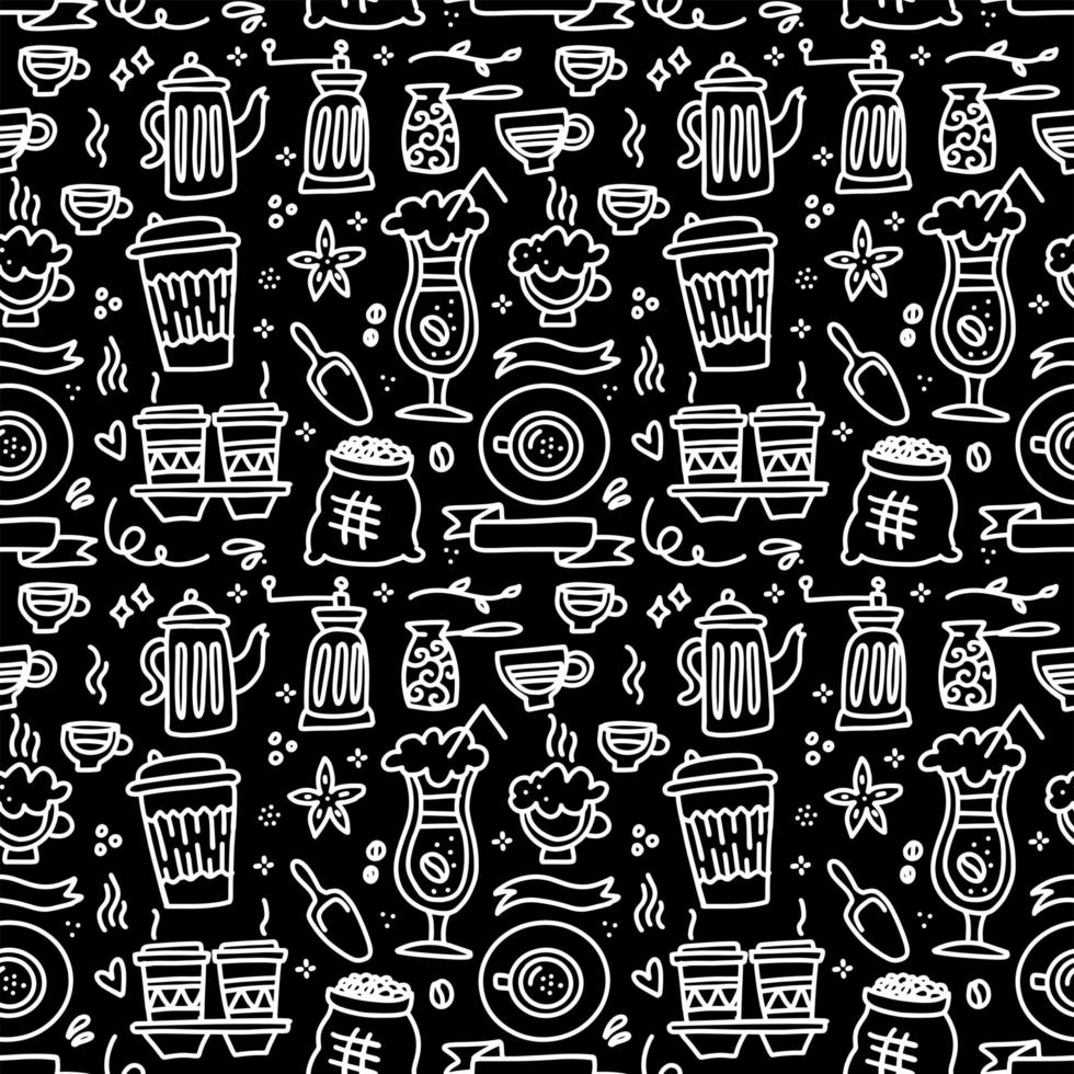 Seamless patterns with coffee set - cup, coffee mill , pot on black chalkboard. Ideal for printing onto fabric and paper or scrap booking. Linear doodle vector illustration.