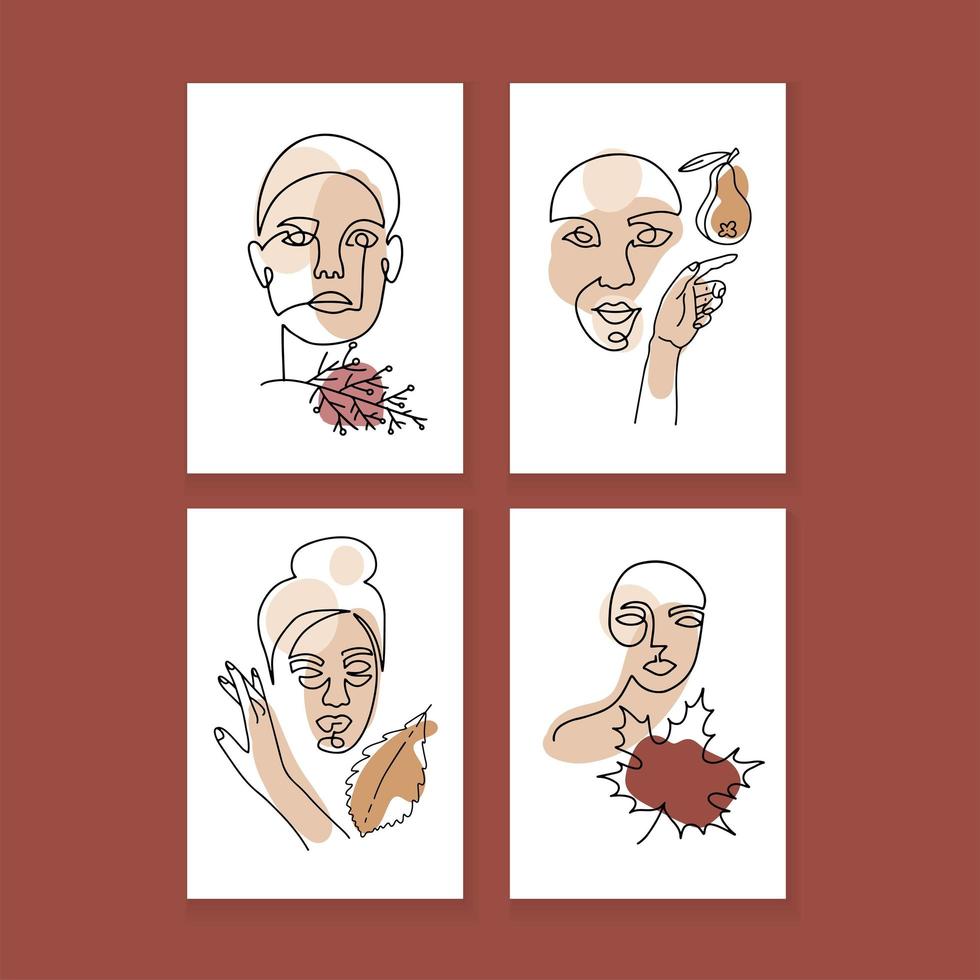 conjunto de retratos de mujeres con hojas de otoño y formas abstractas de terracota, beige y amarillo. líneas minimalistas dibujadas a mano. ilustración vectorial aislada para redes sociales. a4 pósters vector